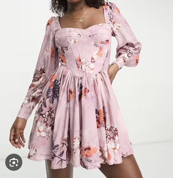 Bardot Dresses & Skirts - RARE Bardot Lila Linen Corset Puff Sleeve Floral Mini Dress sz 12 Mauve Milkmaid